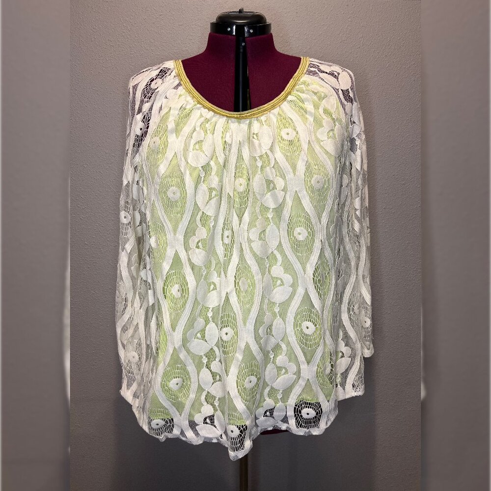 Lane Bryant Lace Overlay L/S Top with Lime Green underlay Size 22/24W